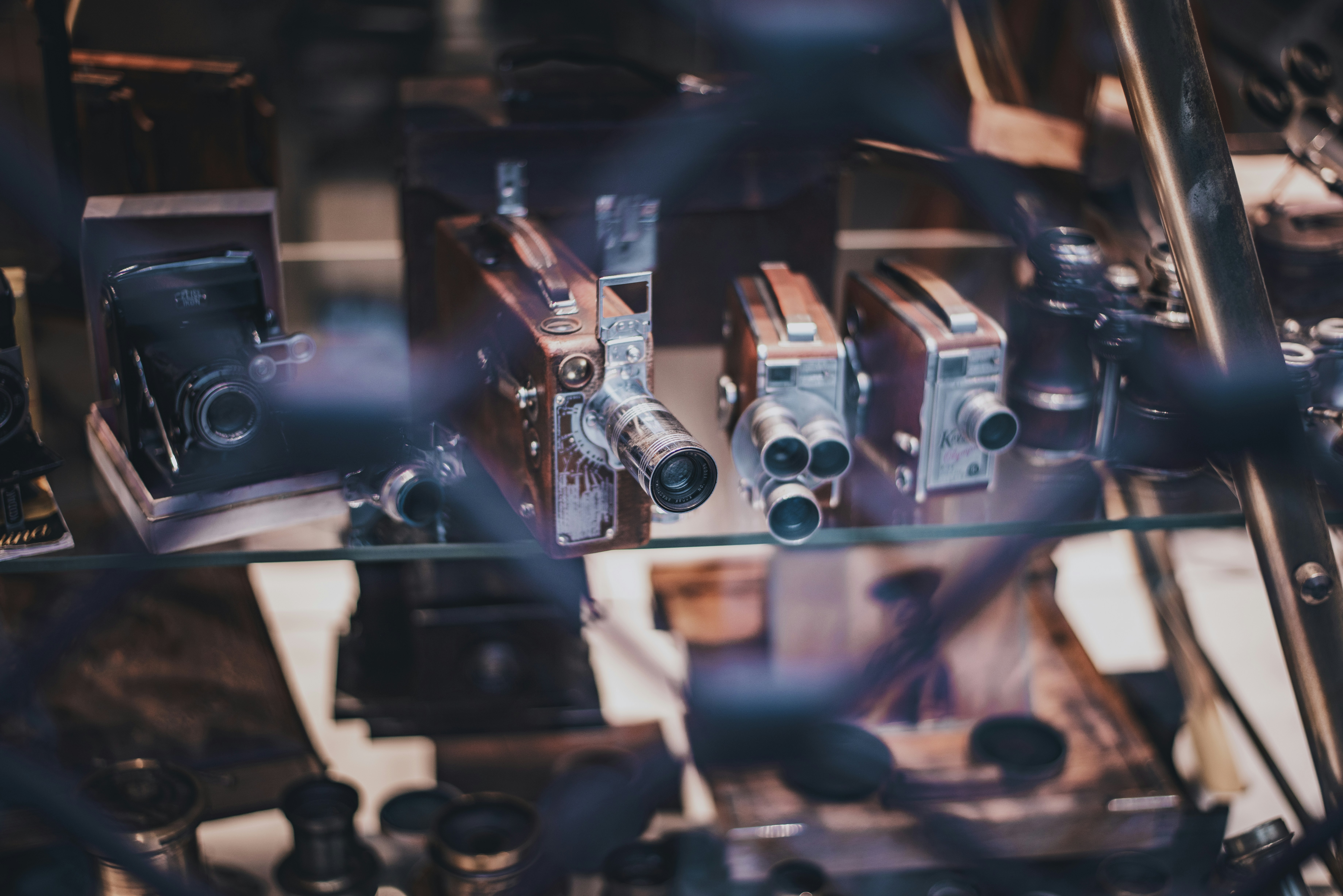 Vintage cameras are displayed behind glass.
