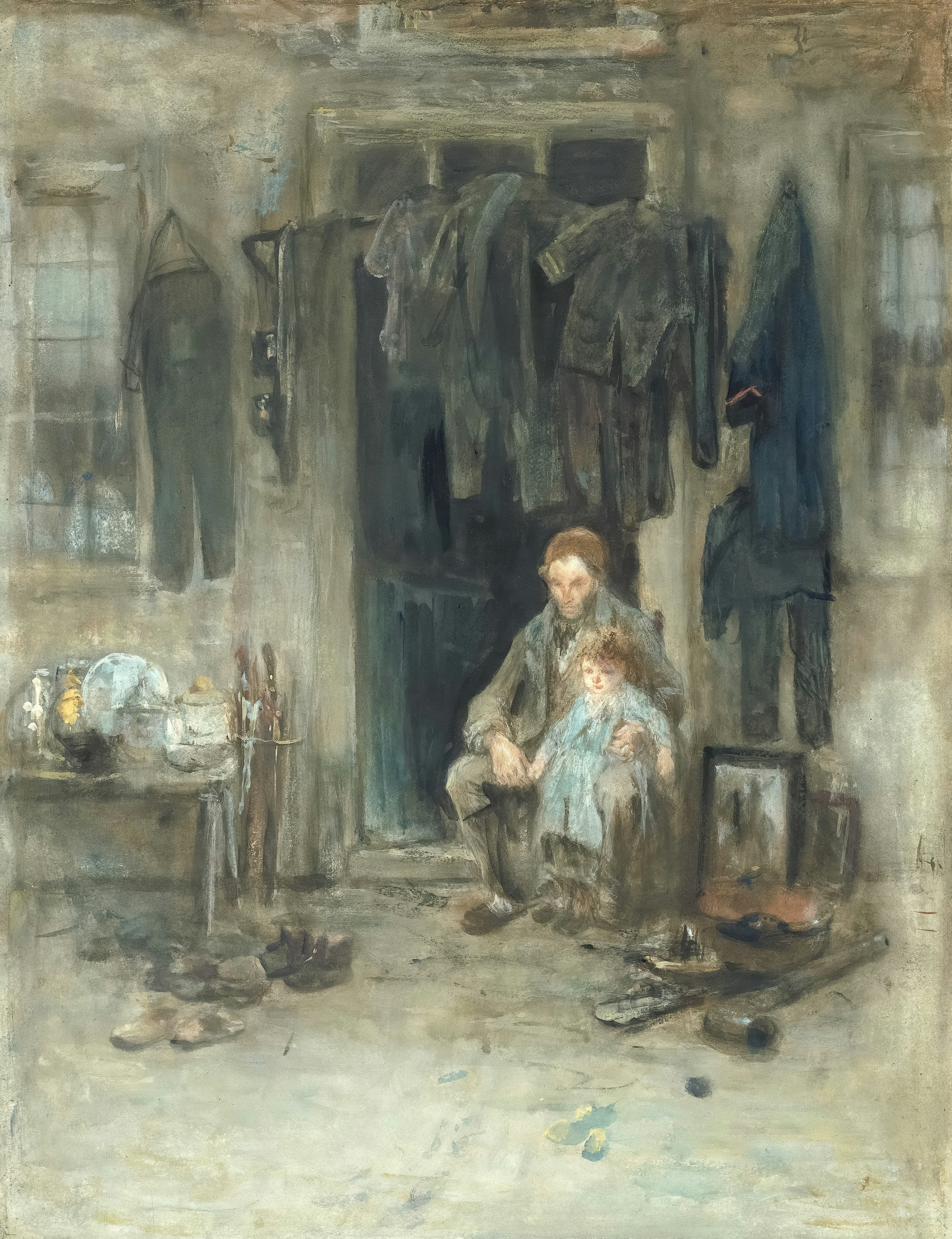 Man and child sitting outside a doorway with clothes hanging.