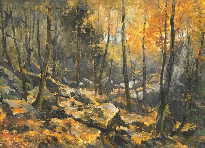An autumn forest landscape painting with rocky terrain and colored leaves — standing in for an oil-on-linen New England WPA landscape
