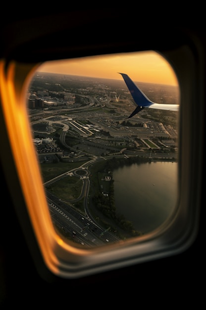 Sunrise view from an airplane window.