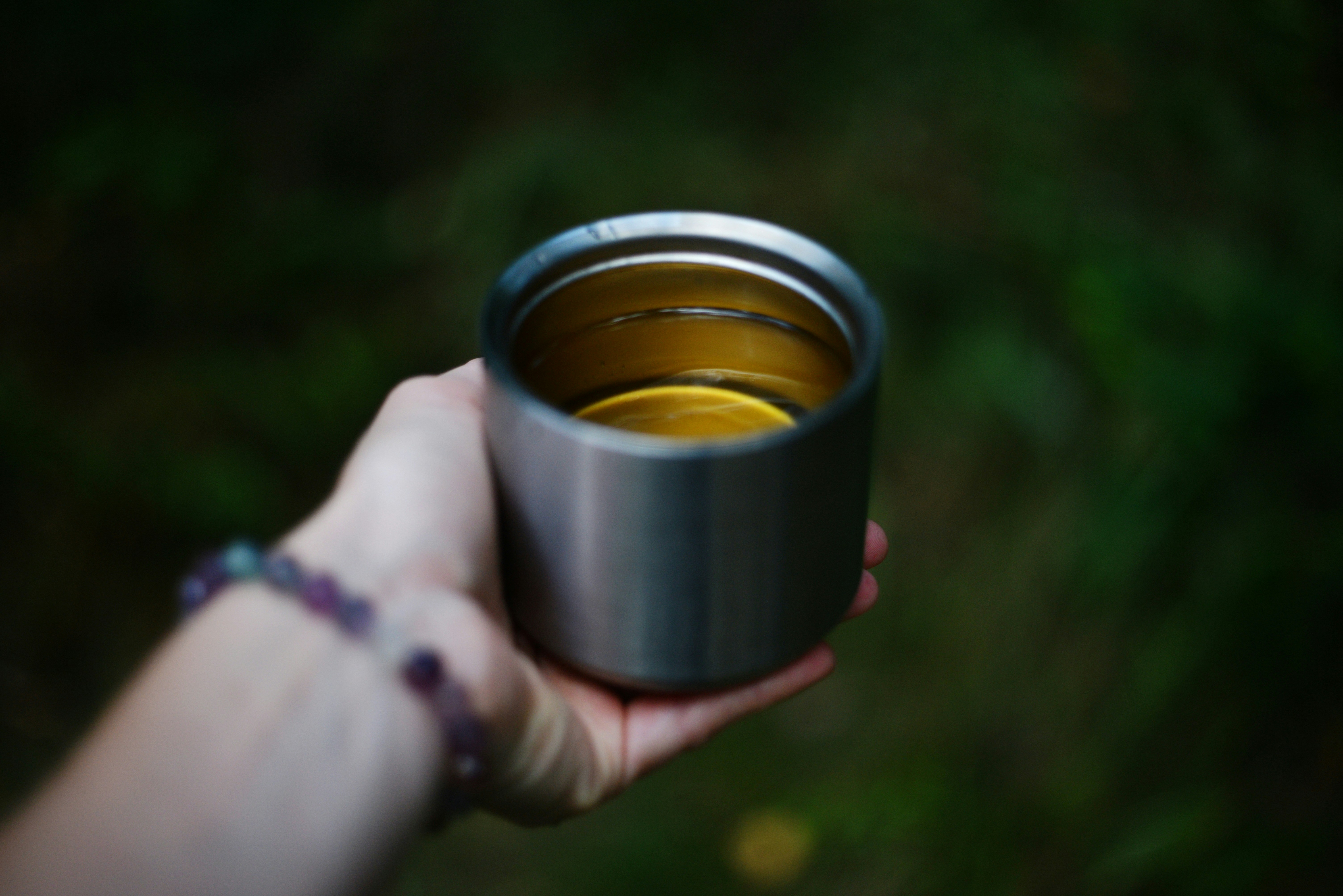 Steel coffee cup outdoors