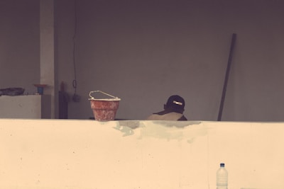 Construction site with tools and supplies.