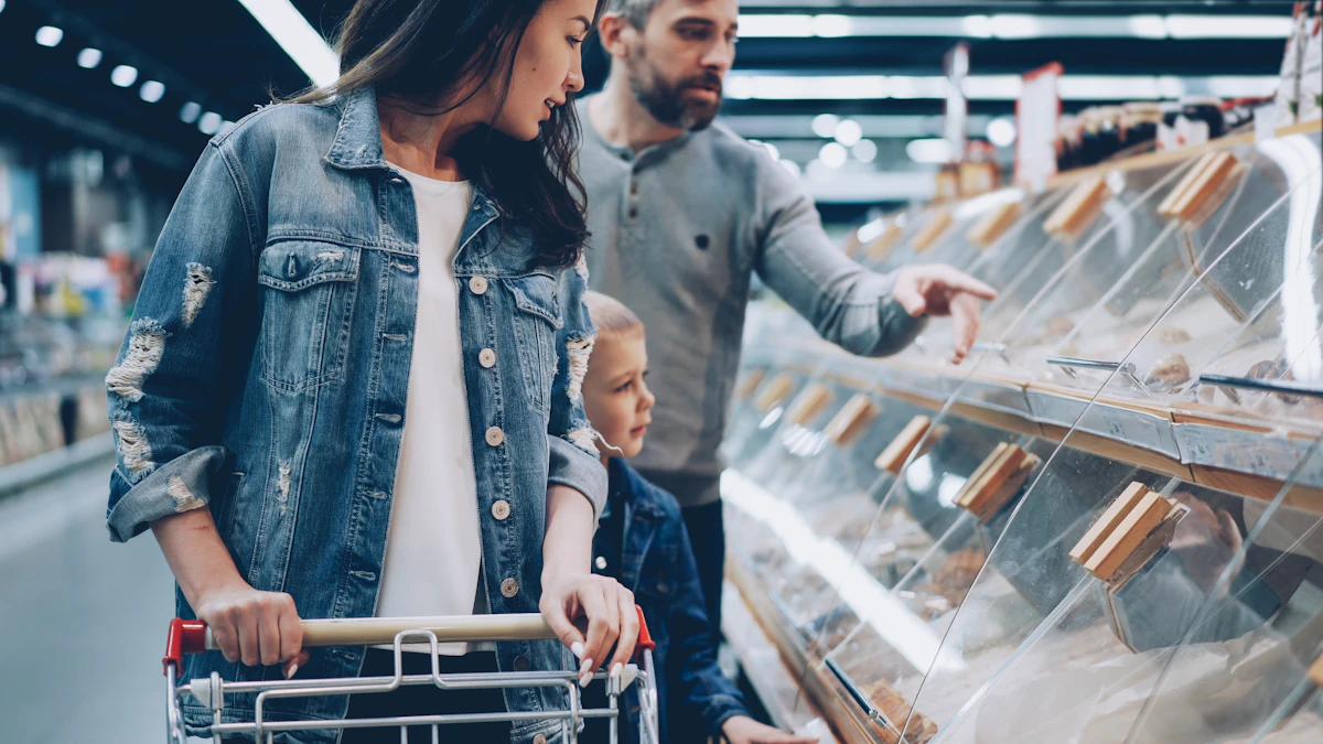 A mother, father and young son choosing groceries together in a supermarket.