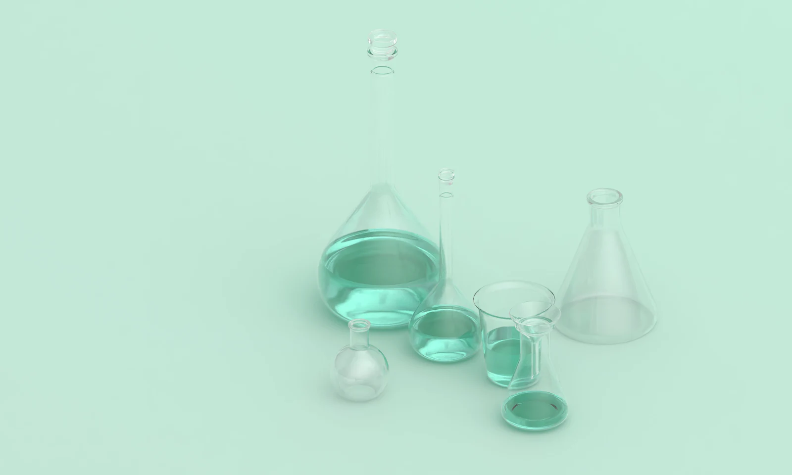 Conical flasks and beakers of clear liquid on a plain ground.