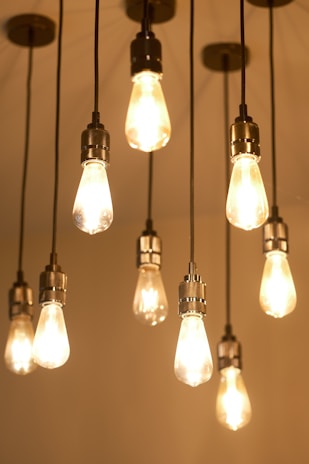 Several glowing edison-style light bulbs hang.