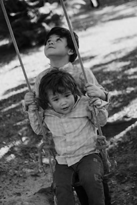 Two boys enjoying a swing together.