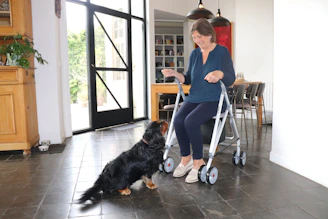 A woman sits with a walker, interacting with a dog.