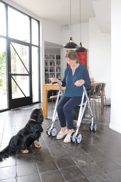 Woman with walker interacts with her dog.