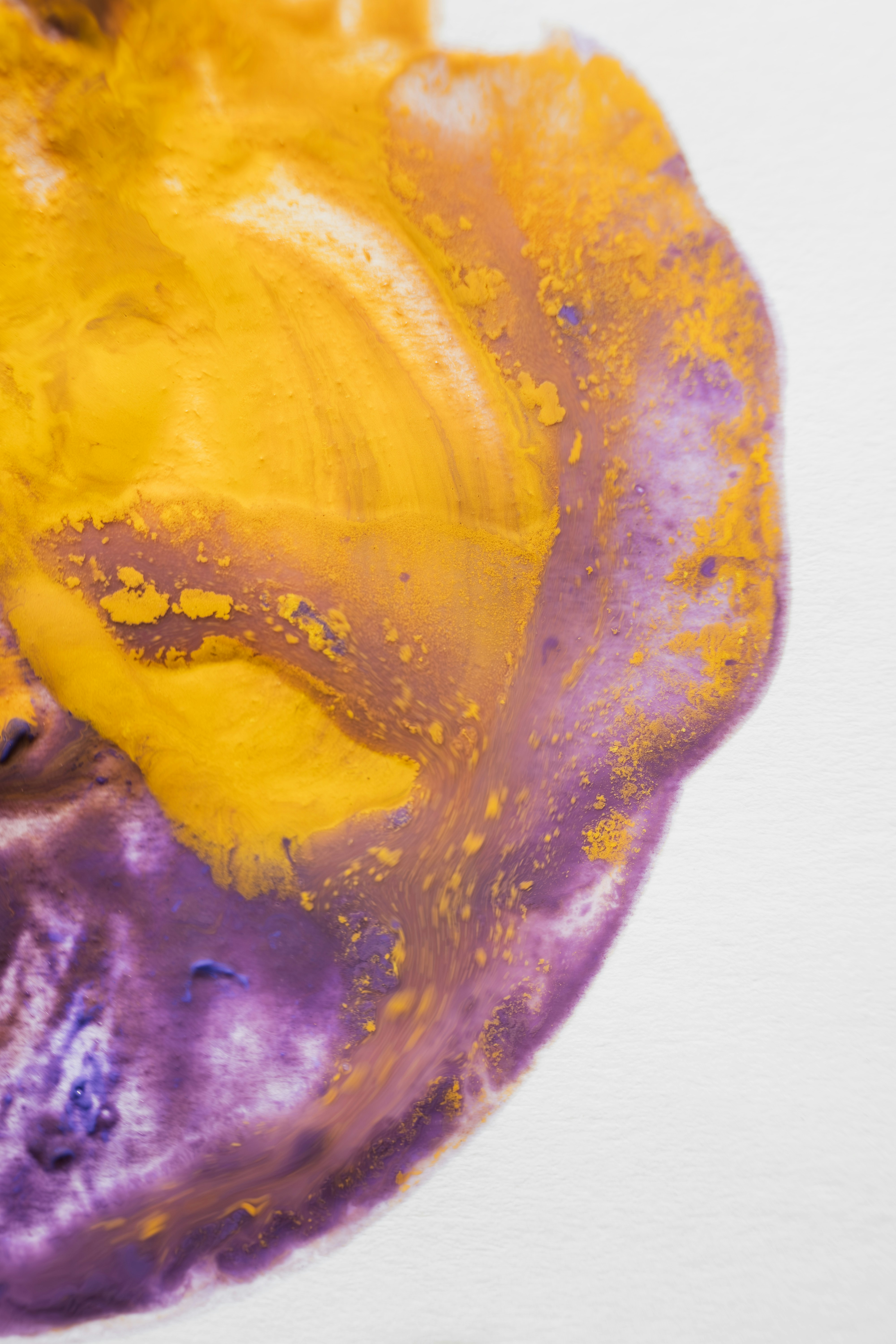 La vernice gialla e viola turbina su bianco.