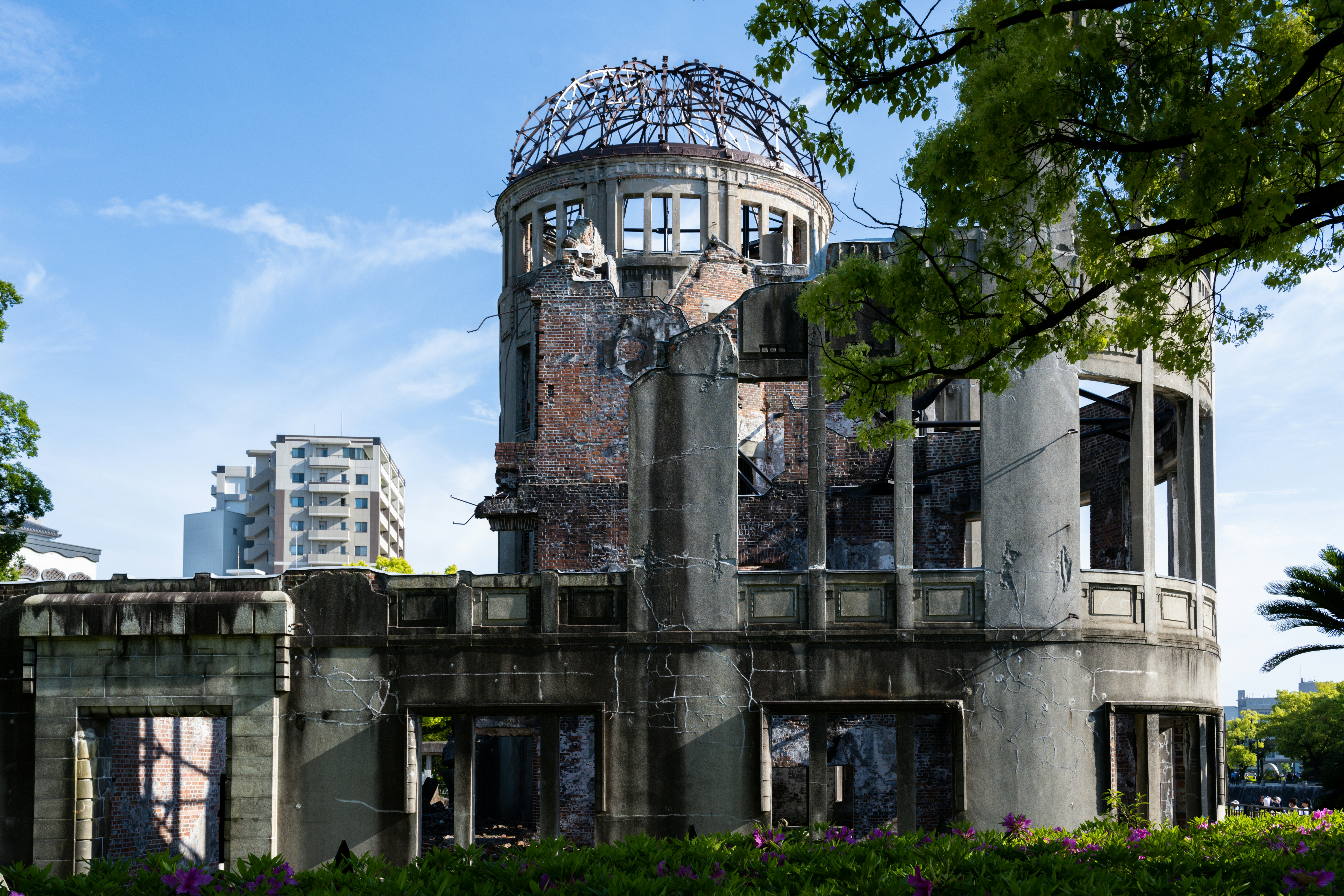 Striking close-up of the skeletal structure of the Atomic Bomb Dome, a symbol of resilience.