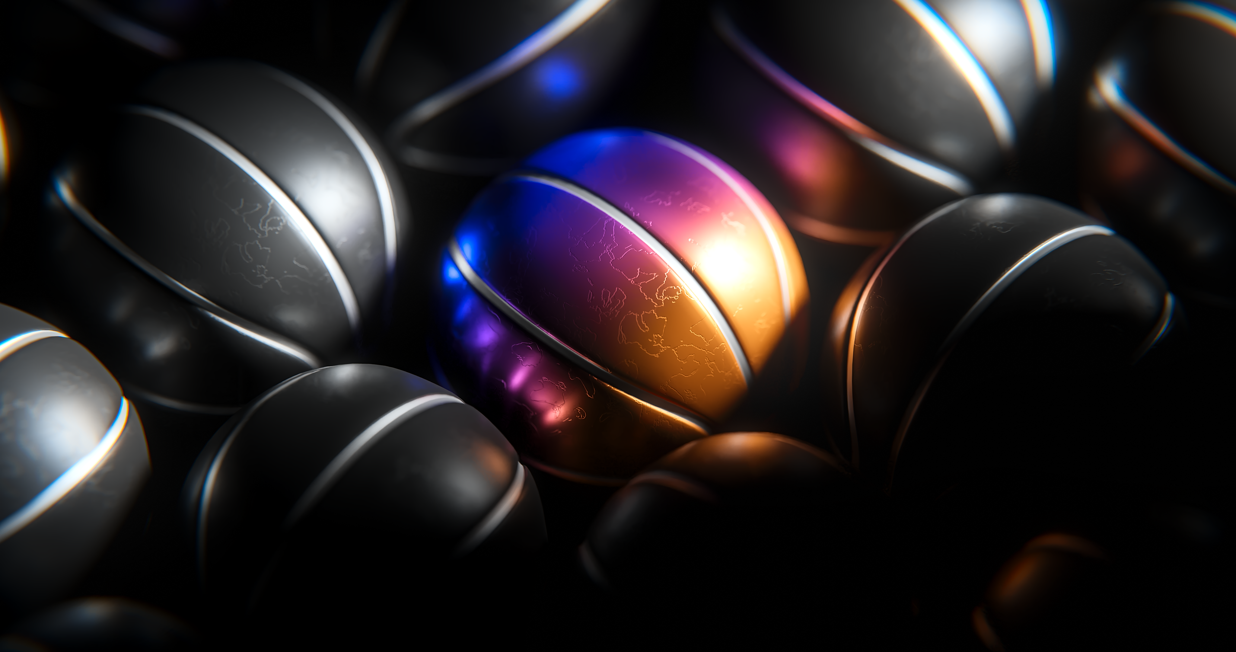 Glowing sphere among metallic balls