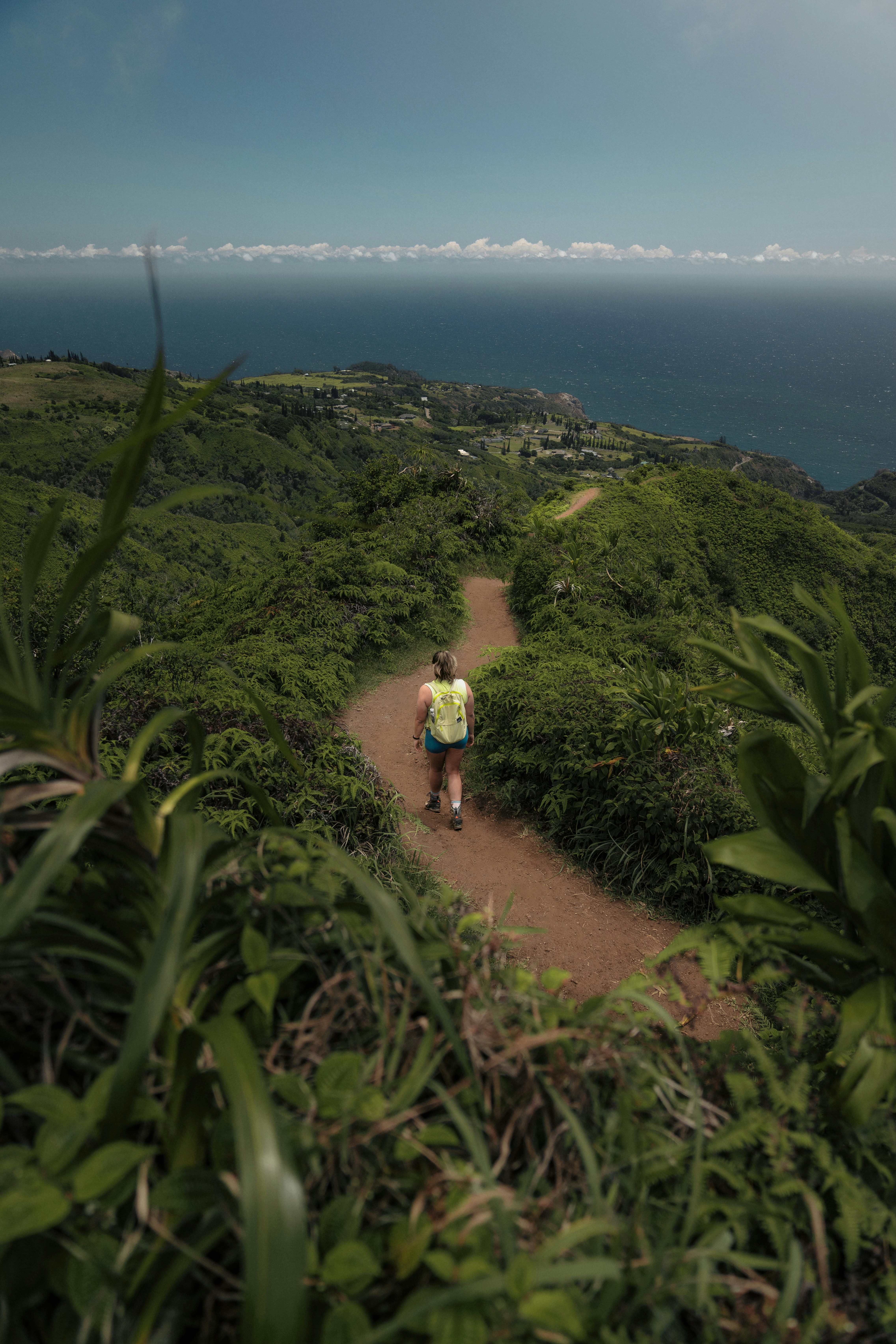 Woman hikes a trail with ocean views