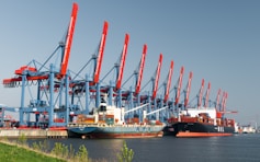 Cargo ships dock at a bustling harbor.