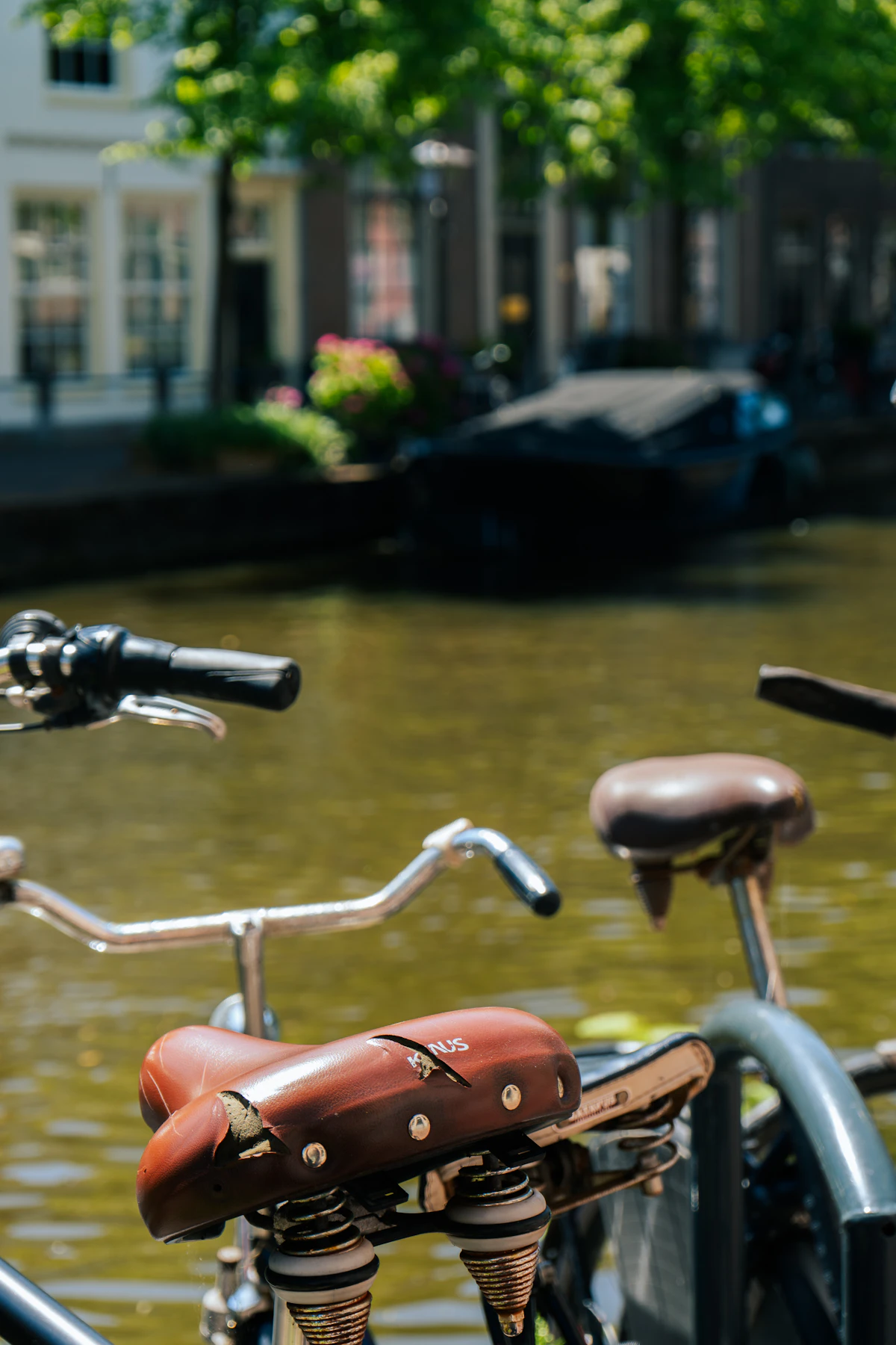 Bicycles parked near a canal in Leiden