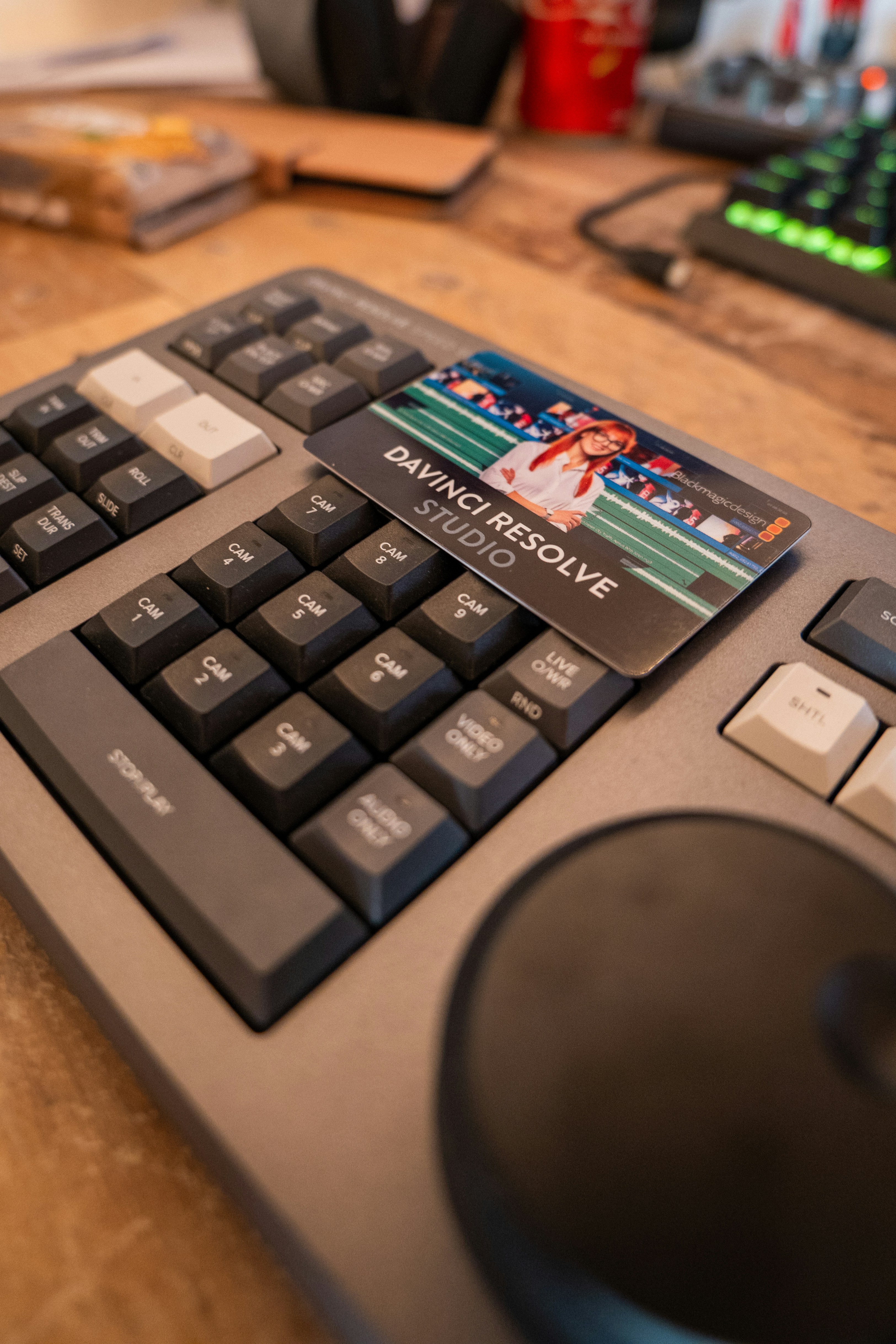 Davinci resolve studio card on editing keyboard.
