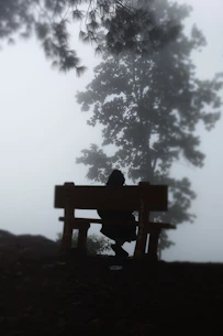 Eine Person sitzt auf einer Bank im Nebel.