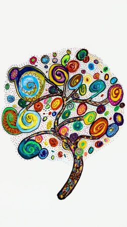 A colorful tree with swirly, round leaves.