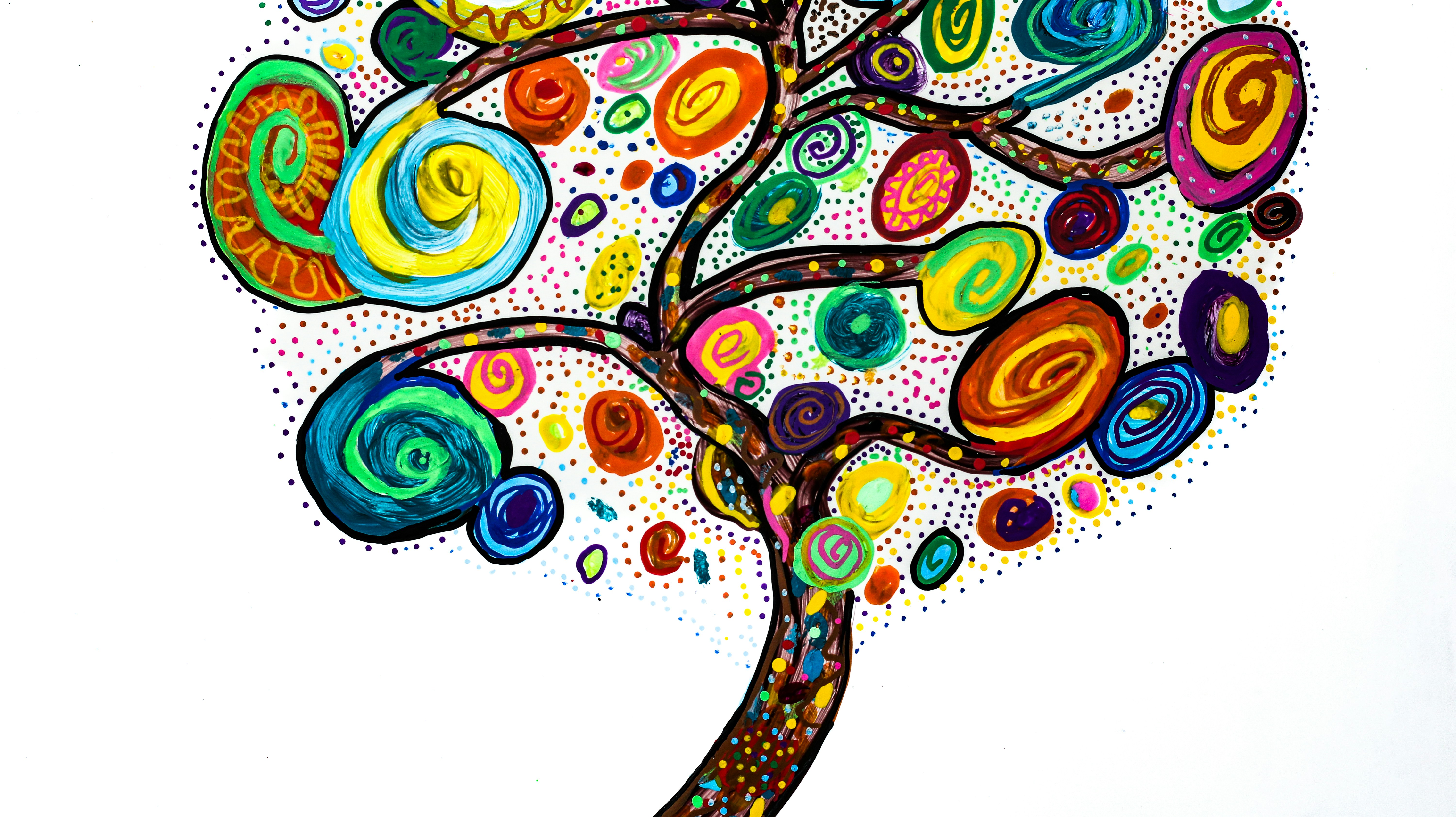A colorful, abstract tree with swirls and dots.