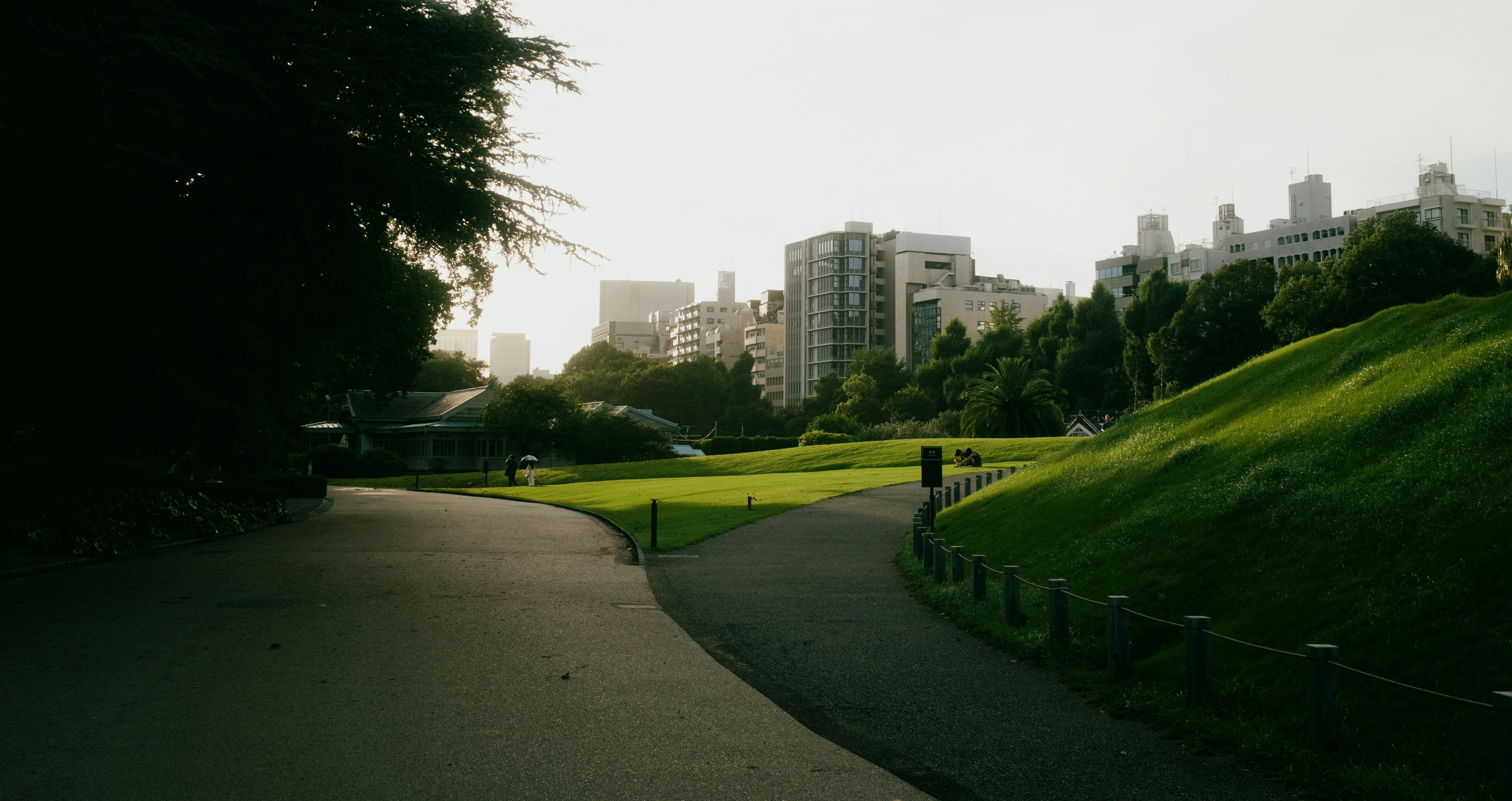 A park path leads towards city buildings.