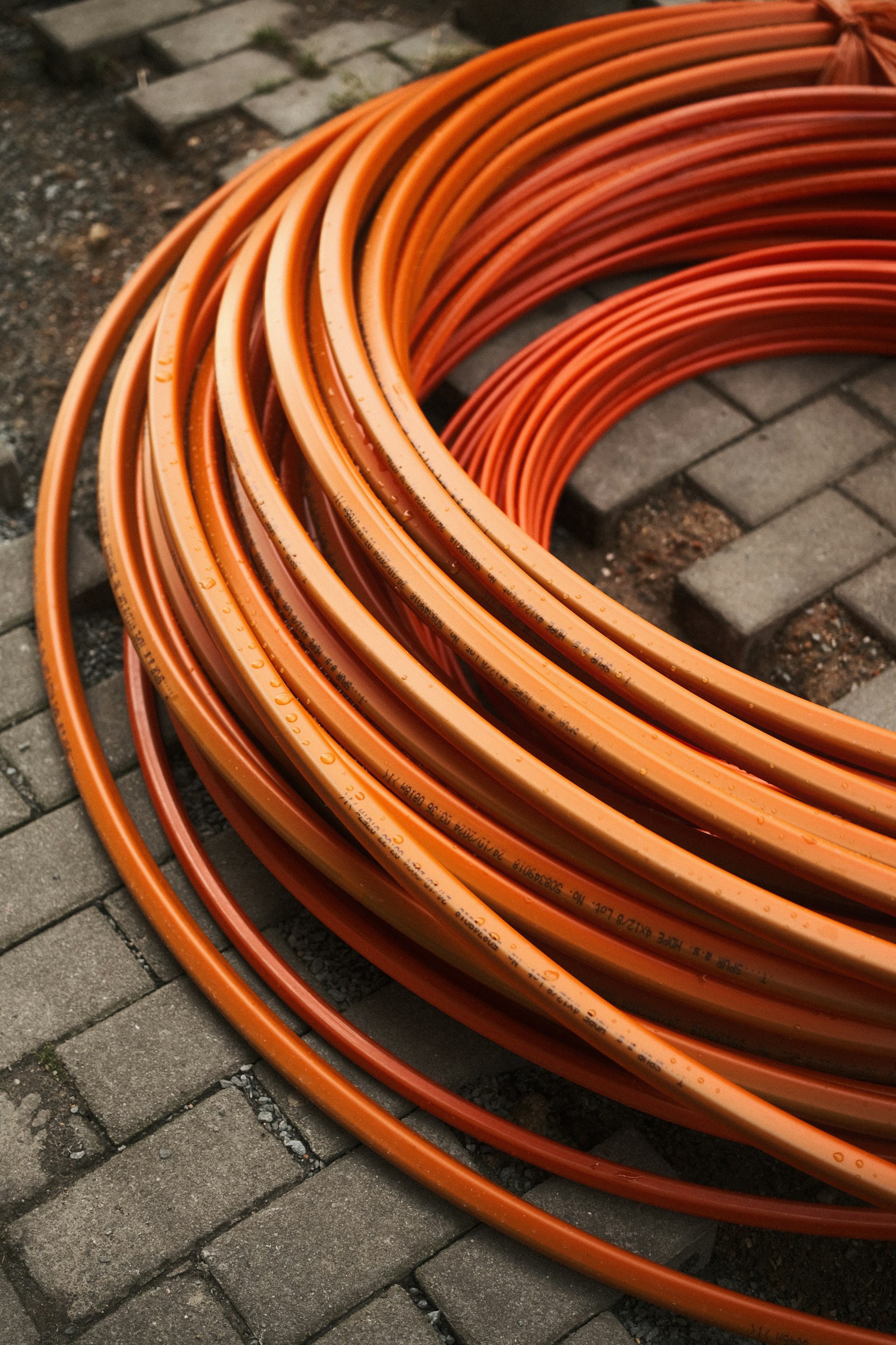 Orange tubes coiled on a brick pavement.
