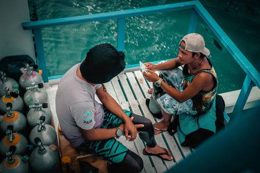 Divers prepare for their underwater adventure.