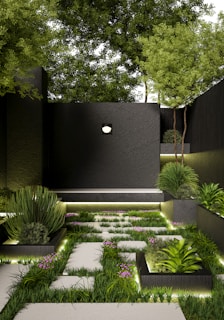 A modern garden with stone steps and lush plants.