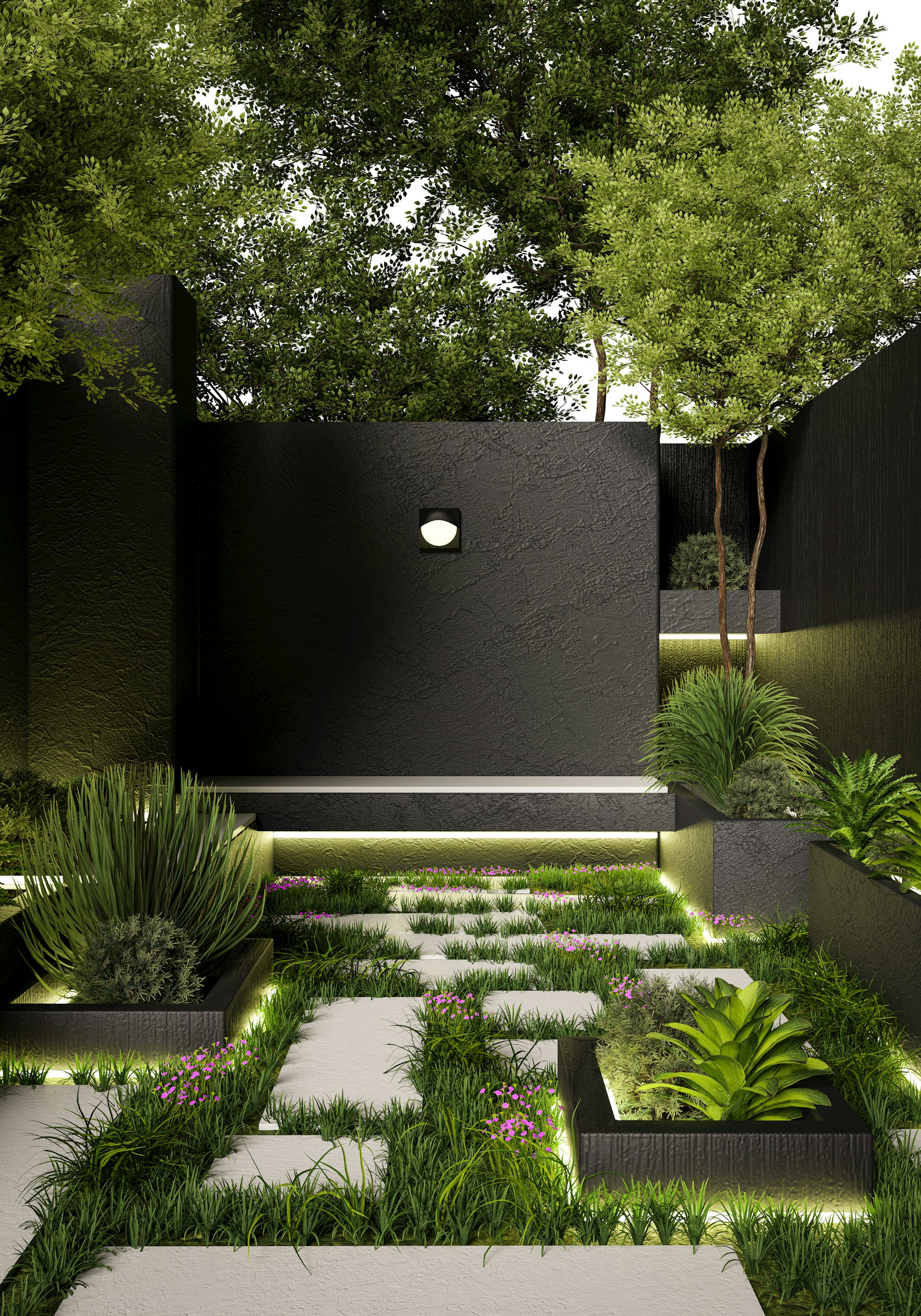 A modern garden with stone steps and lush plants.