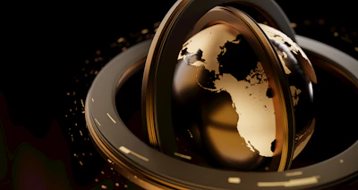 A golden globe is surrounded by abstract rings.