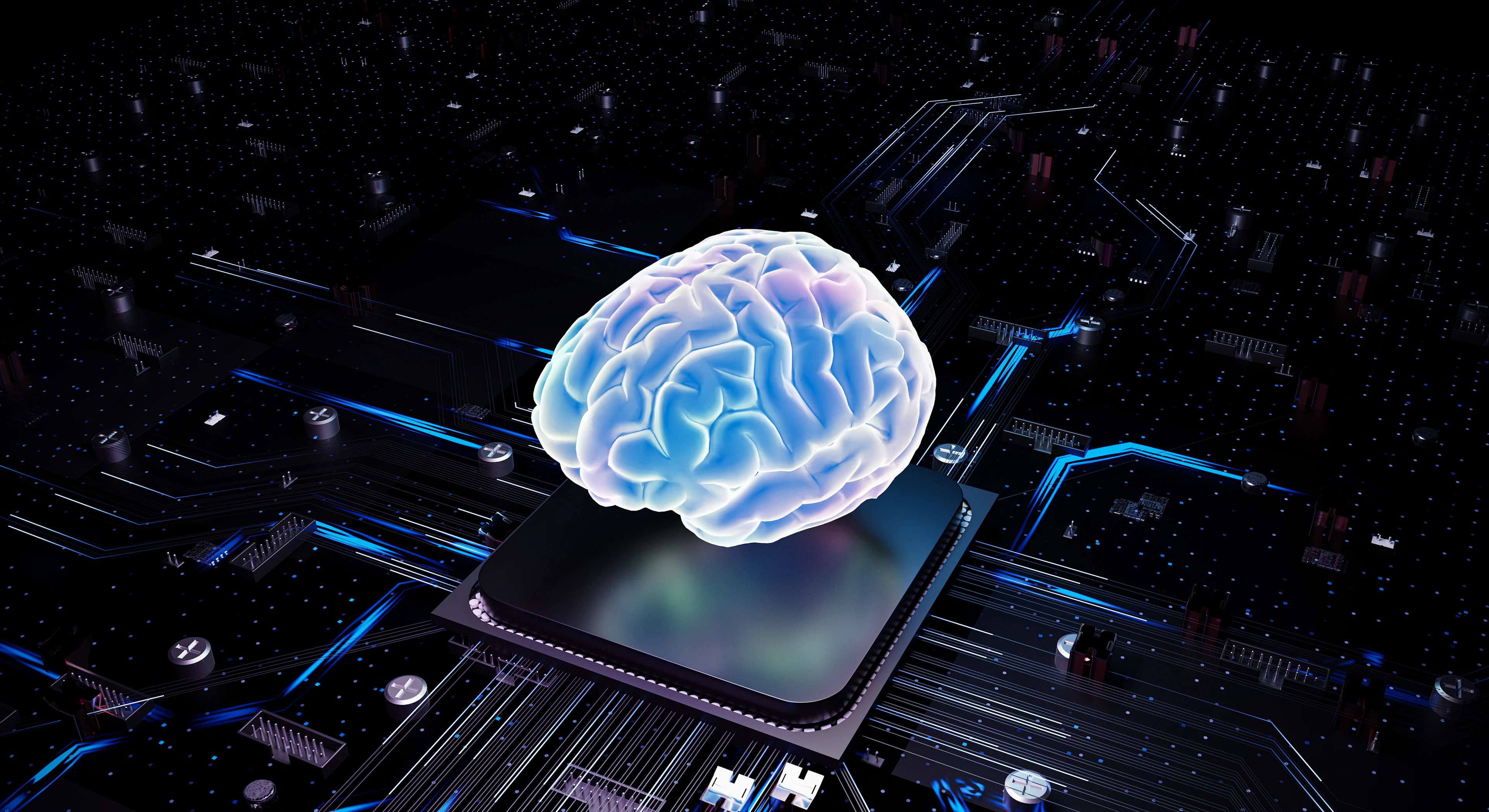 A glowing brain above a processor, representing AI