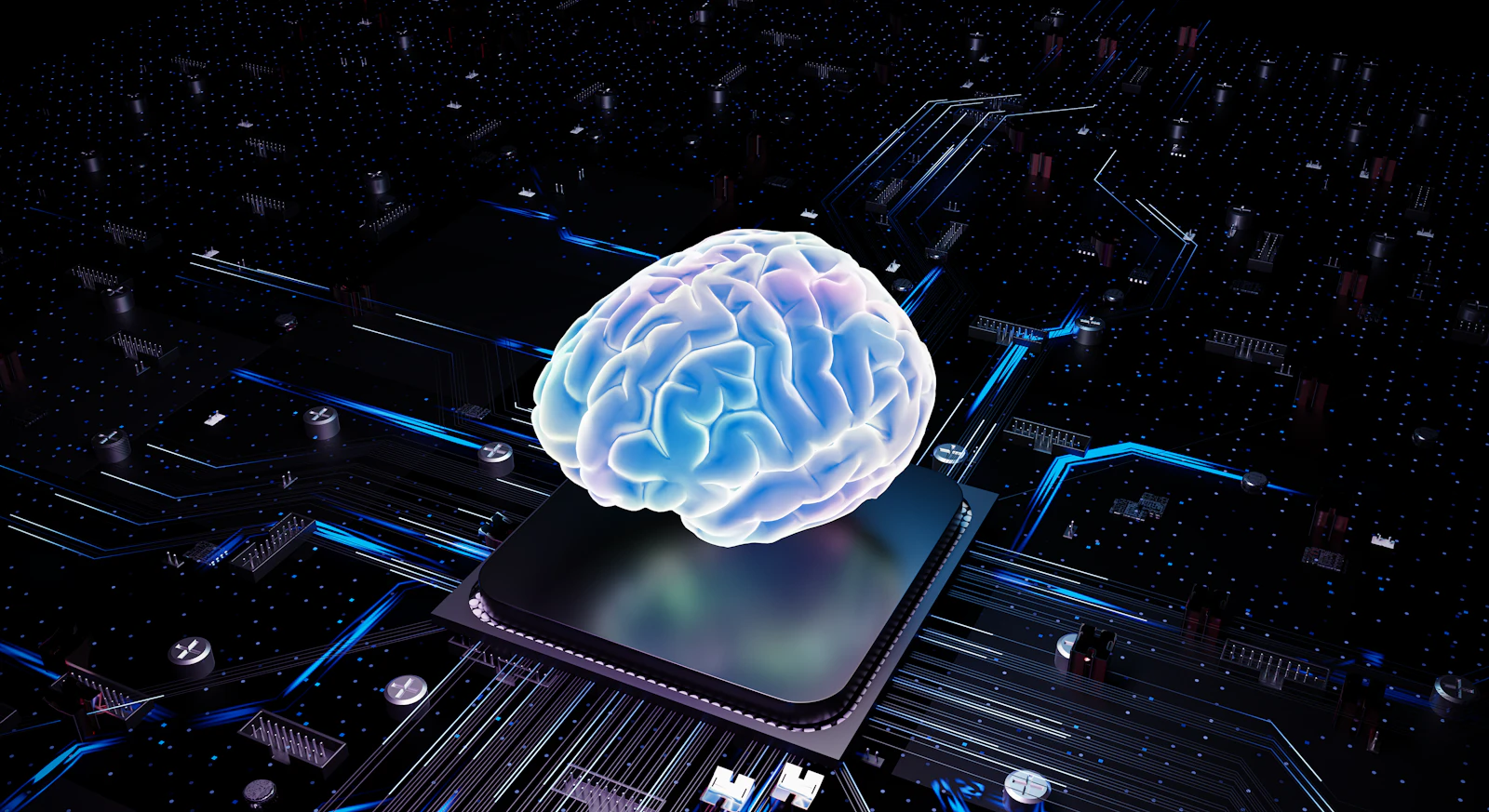 Glowing brain hovering above a computer chip