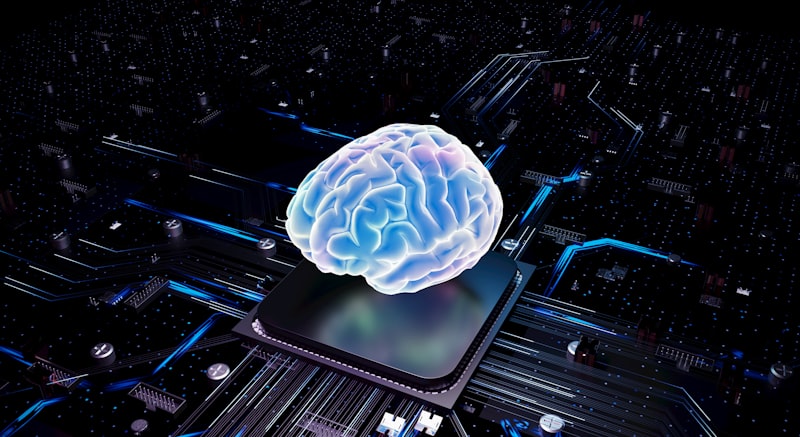 A stylised illustration of a brain positioned over a CPU chip, representing AI computation
