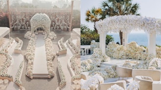 Two elegant wedding ceremony setups with white flowers.