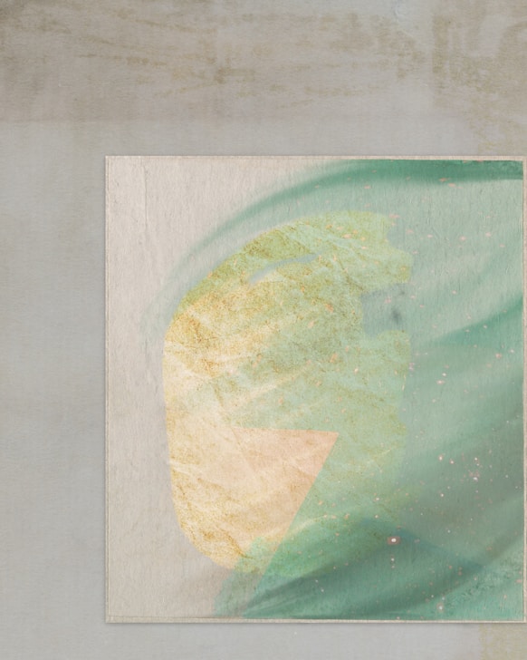 Abstract painting features soft green and tan hues.