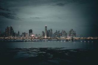 A nighttime cityscape with lights shining brightly.