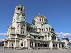 Sofia Alexander Nevsky Cathedral golden domes against a blue sky with autumn trees