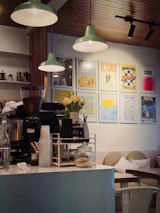 A cosy coffee shop with artwork