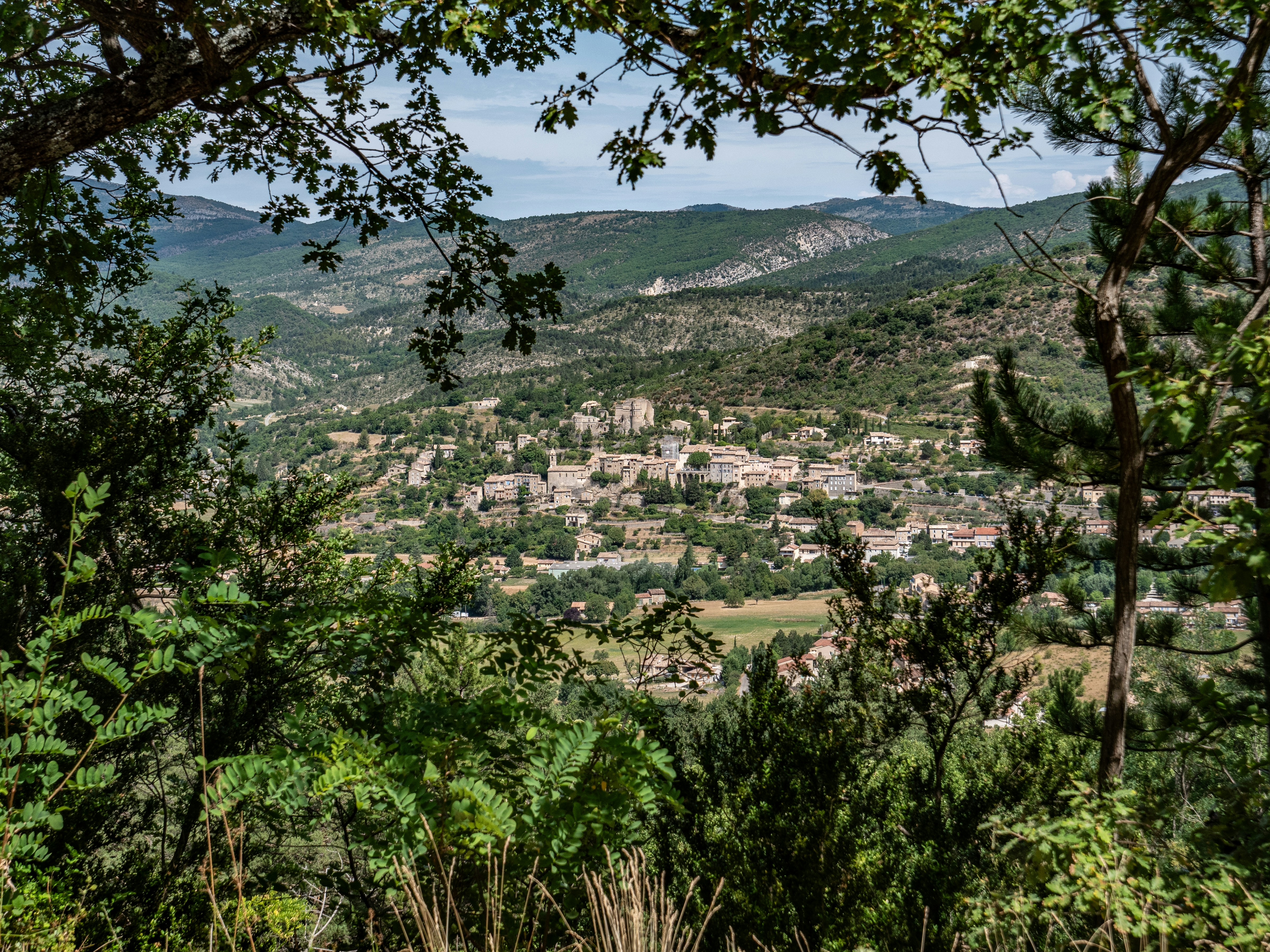 A scenic view of a mountain village.