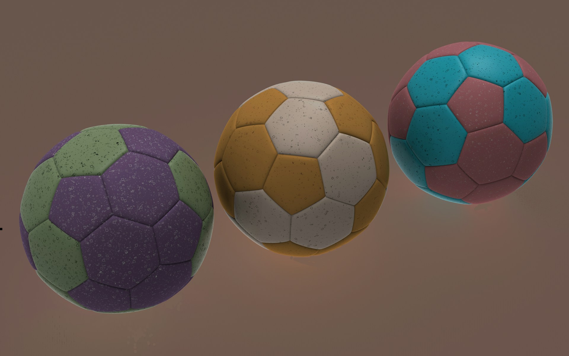 Here are a few options: * three colorful soccer balls are shown. * brightly colored soccer balls stand out.