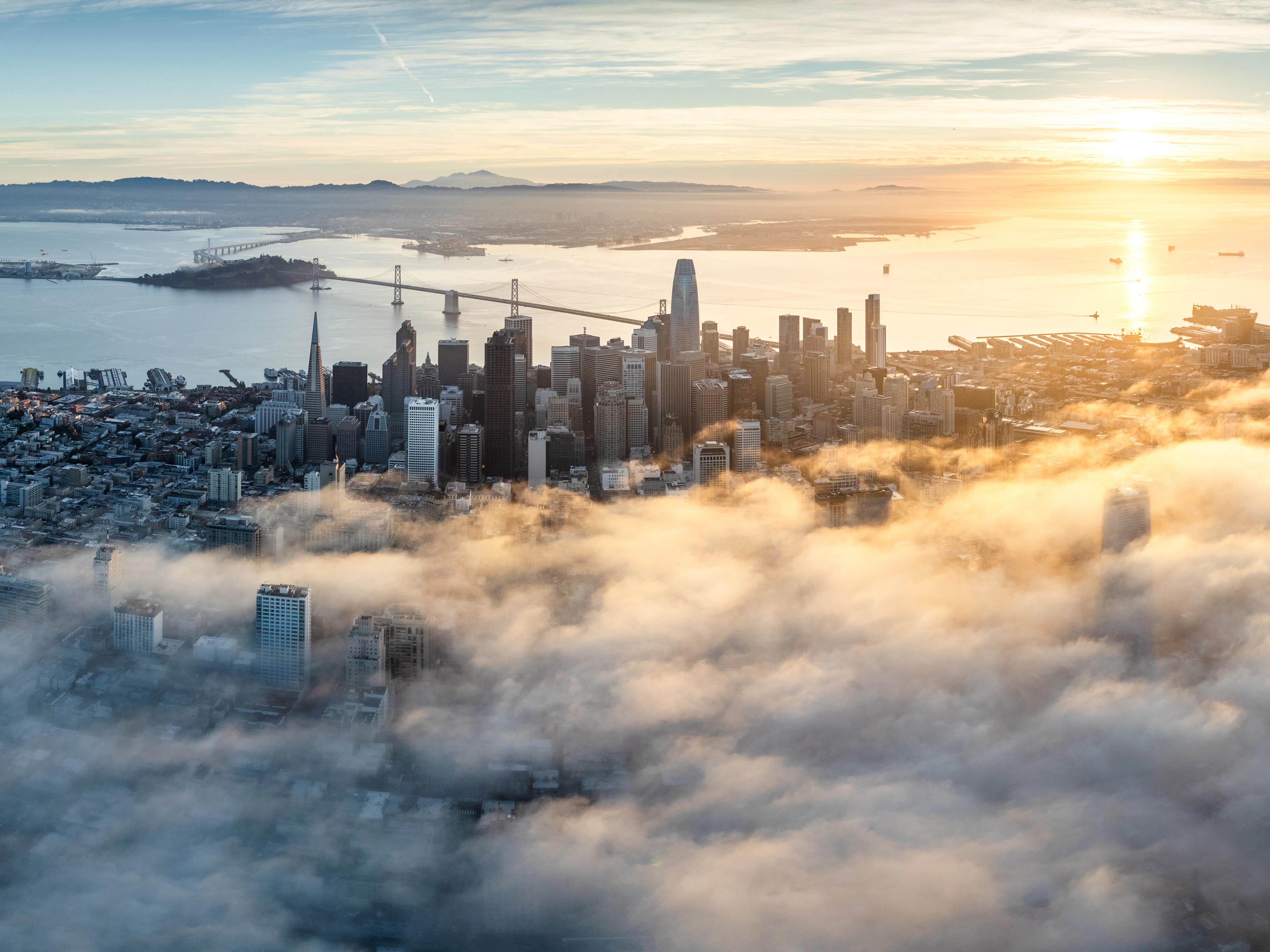 Downtown San Francisco rising above a bank of morning fog