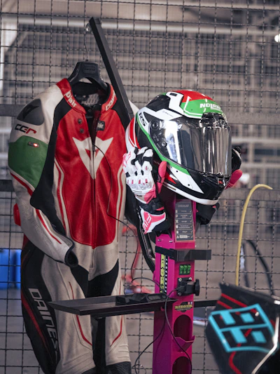 Motorcycle racing gear is ready for the track.