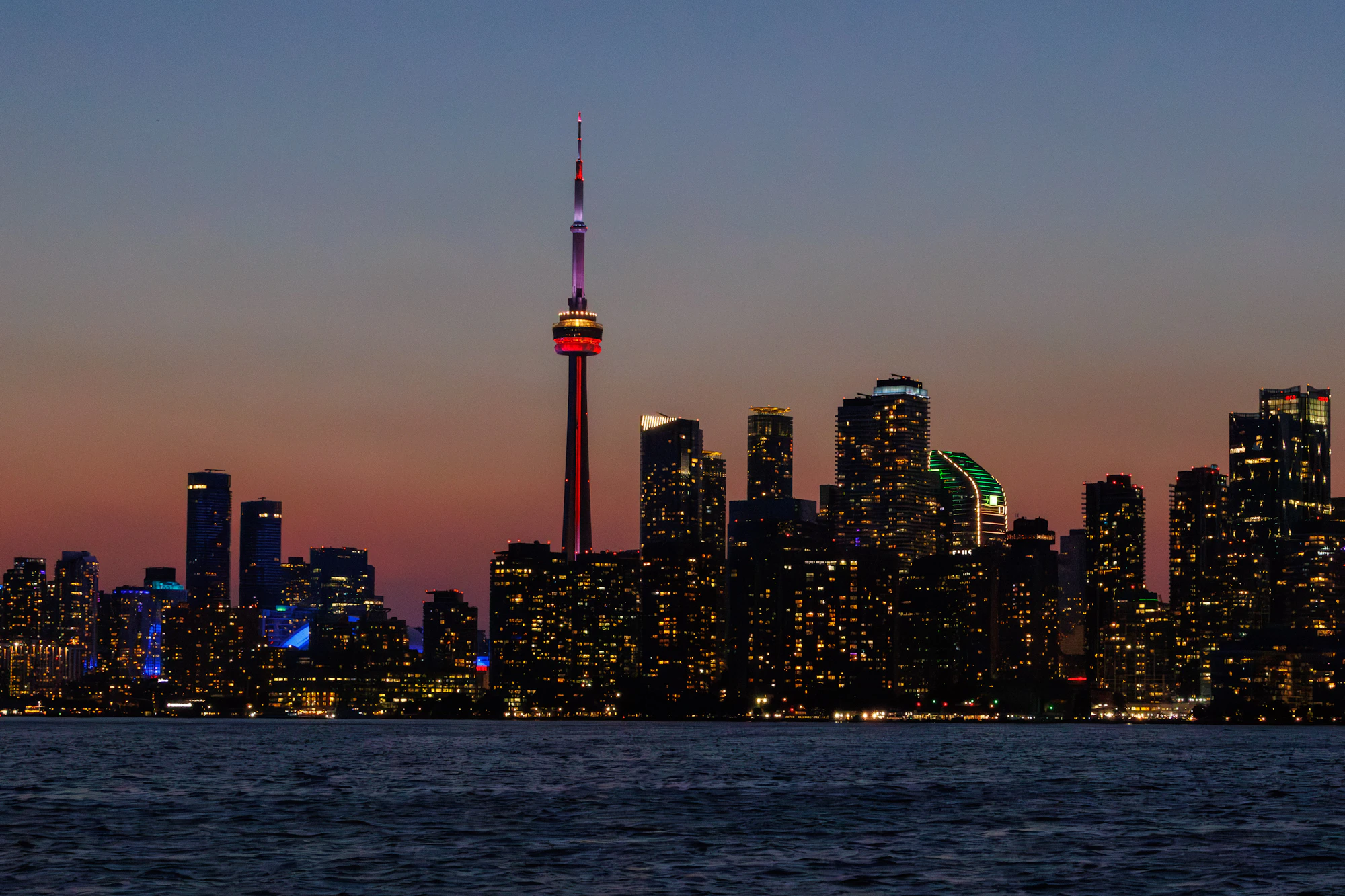 Toronto skyline at dusk with the CN Tower