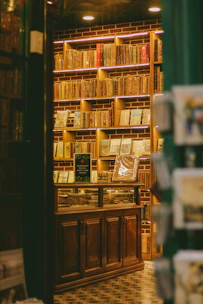 Cozy bookstore with many vintage books on display.