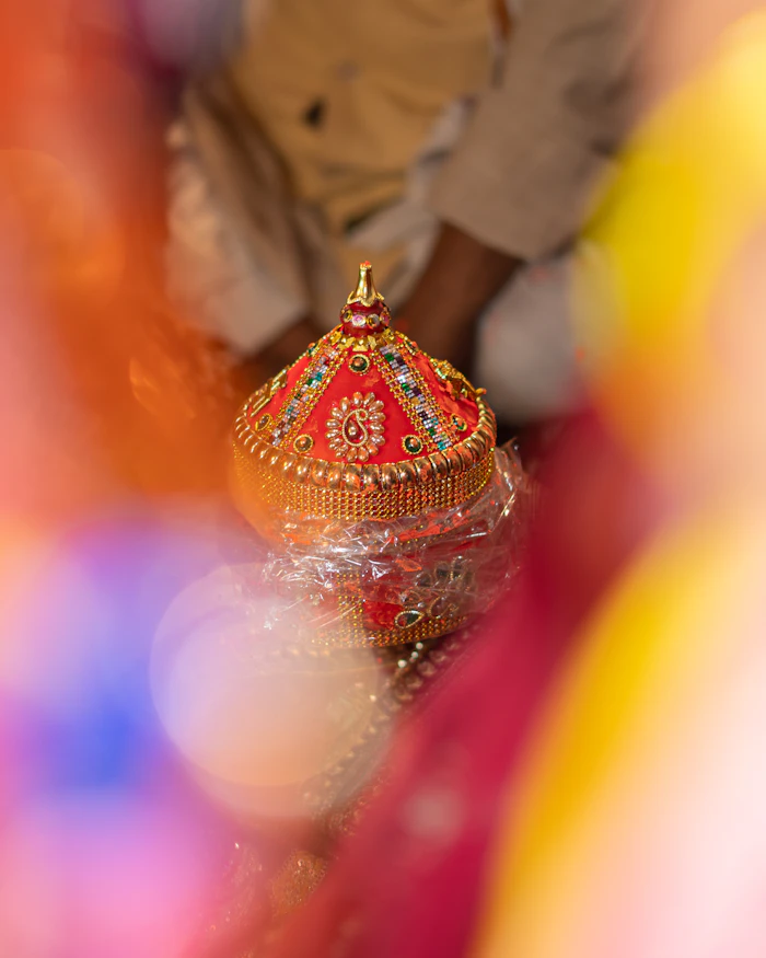 Decorated golden wedding sehra displayed before the baraat