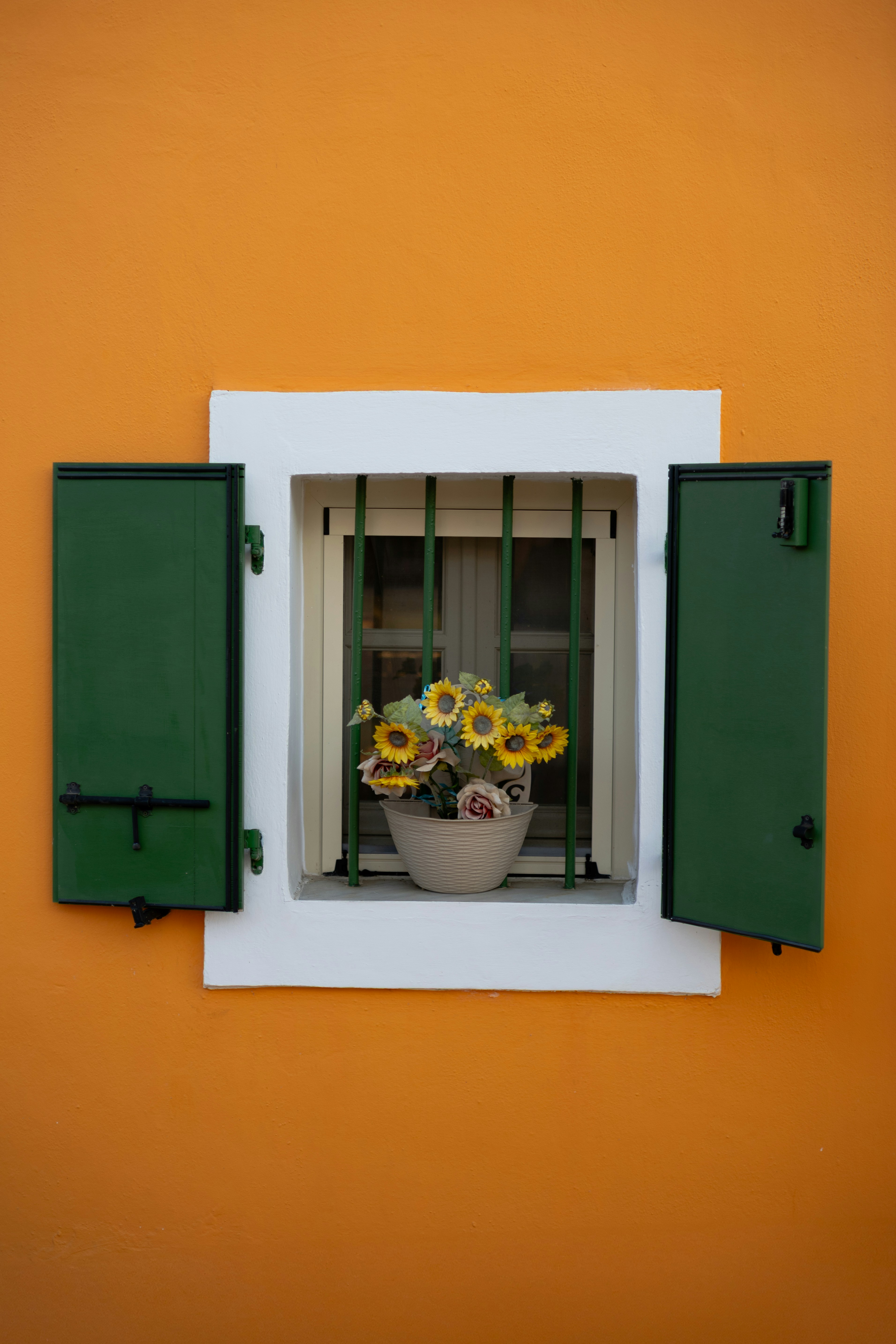 A window with shutters and flowers.