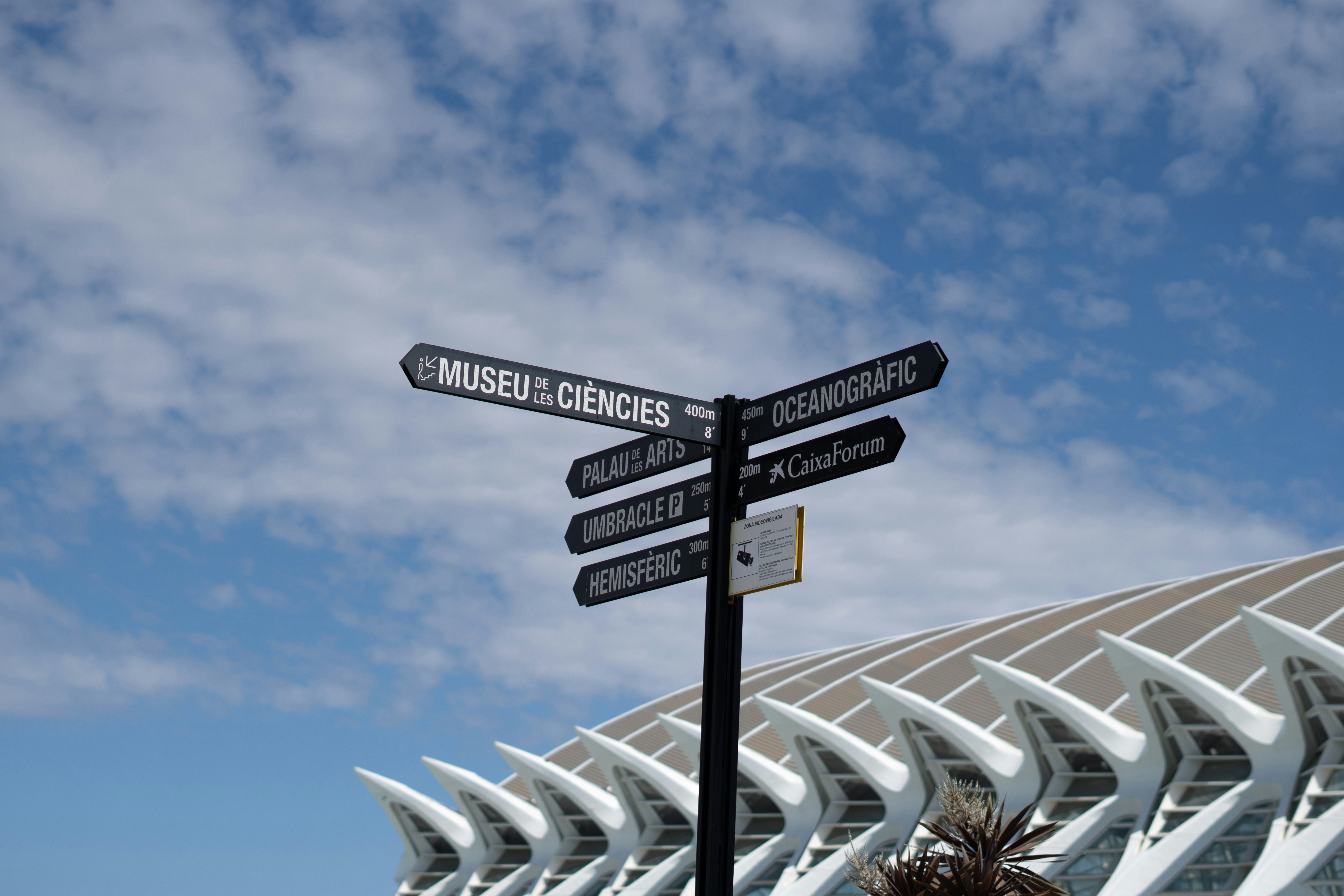 Signpost directing to various locations against blue sky.
