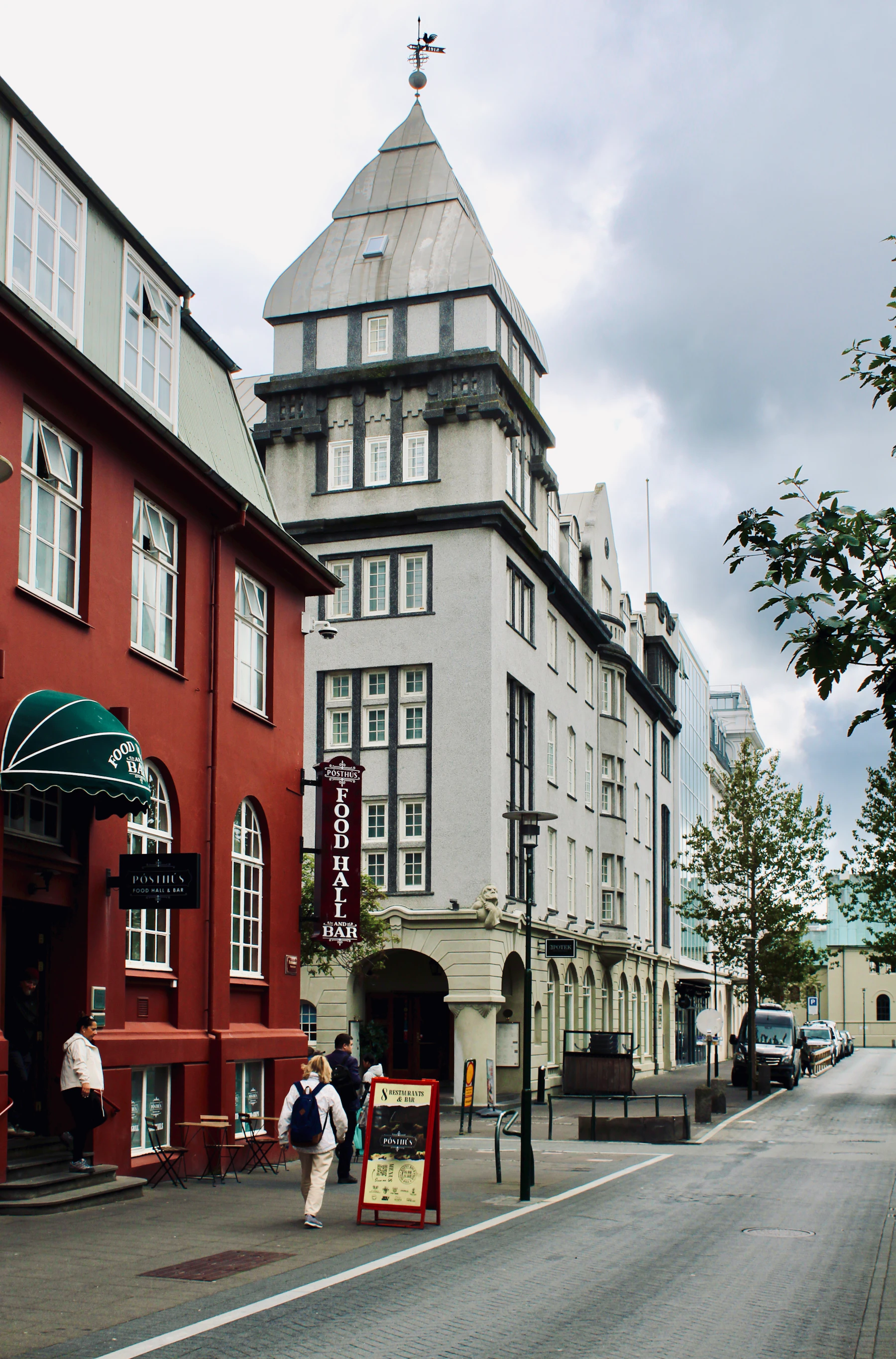 Buildings along a Reykjavík street under an overcast sky