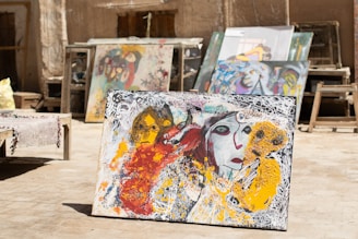 Abstract art pieces on display outdoors.