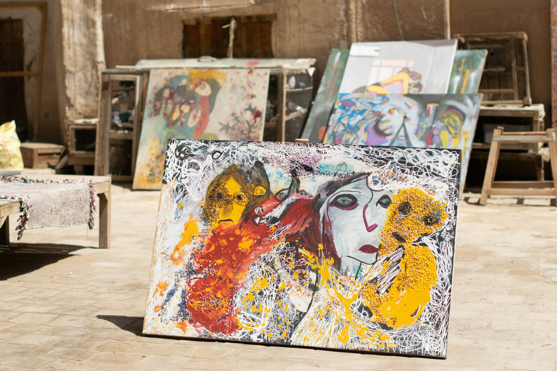 Abstract art pieces on display outdoors.