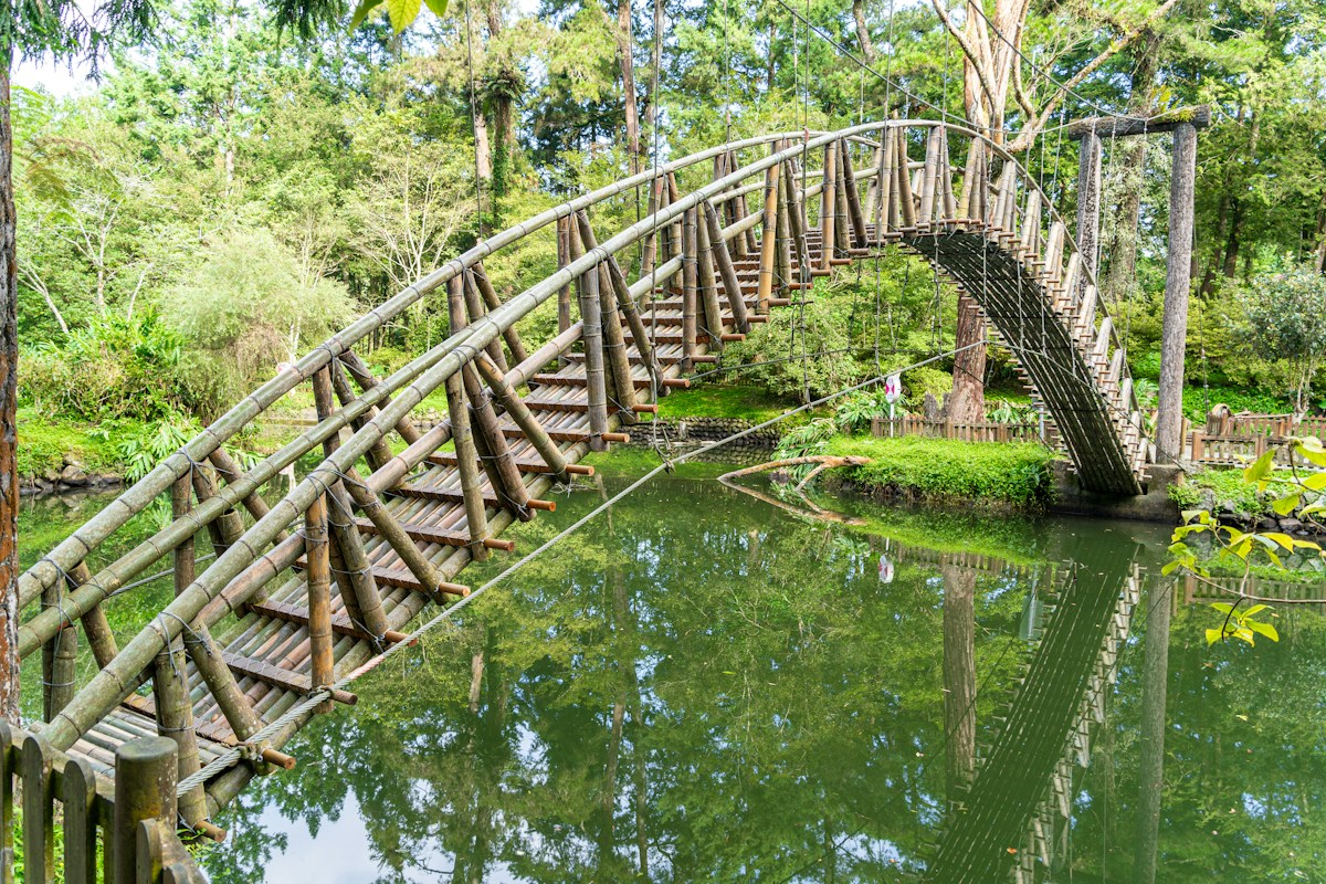 溪頭自然教育園區大學池上的弓形竹橋，倒映在綠色池水中