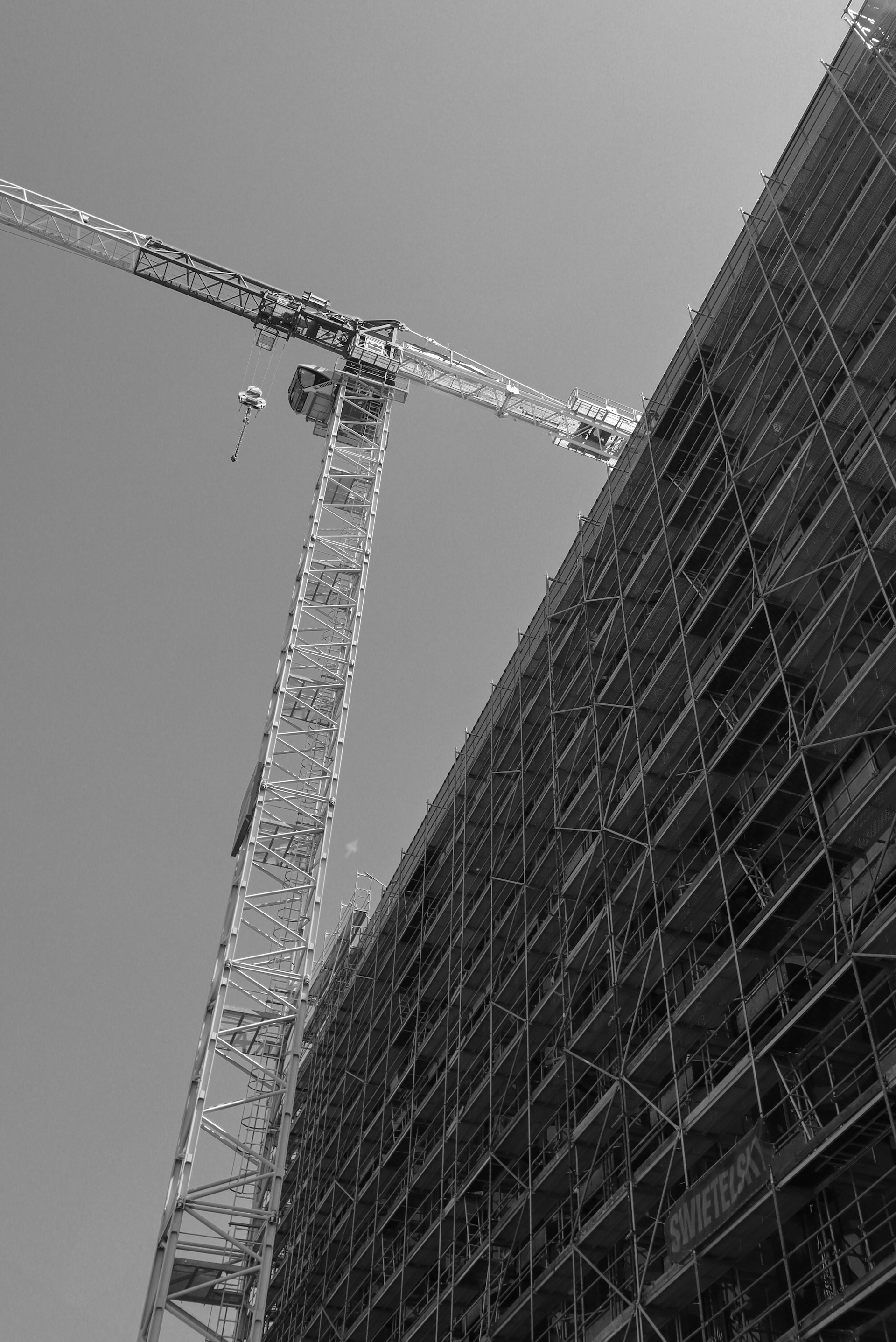 A crane towers over a building under construction.